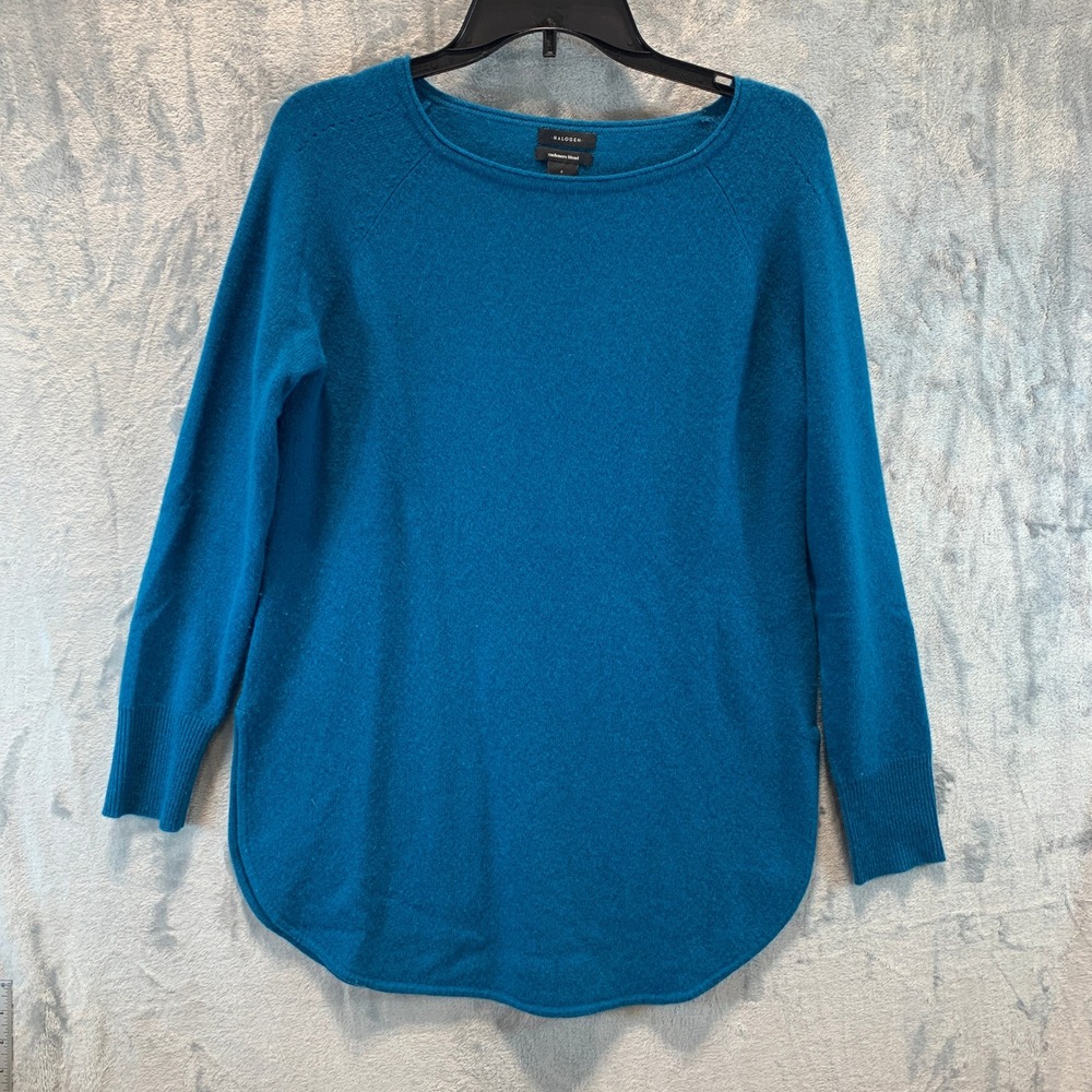 Halogen Womens Teal Blue Wool Cashmere Blend Boat Neck Curved Hem Sweater Small